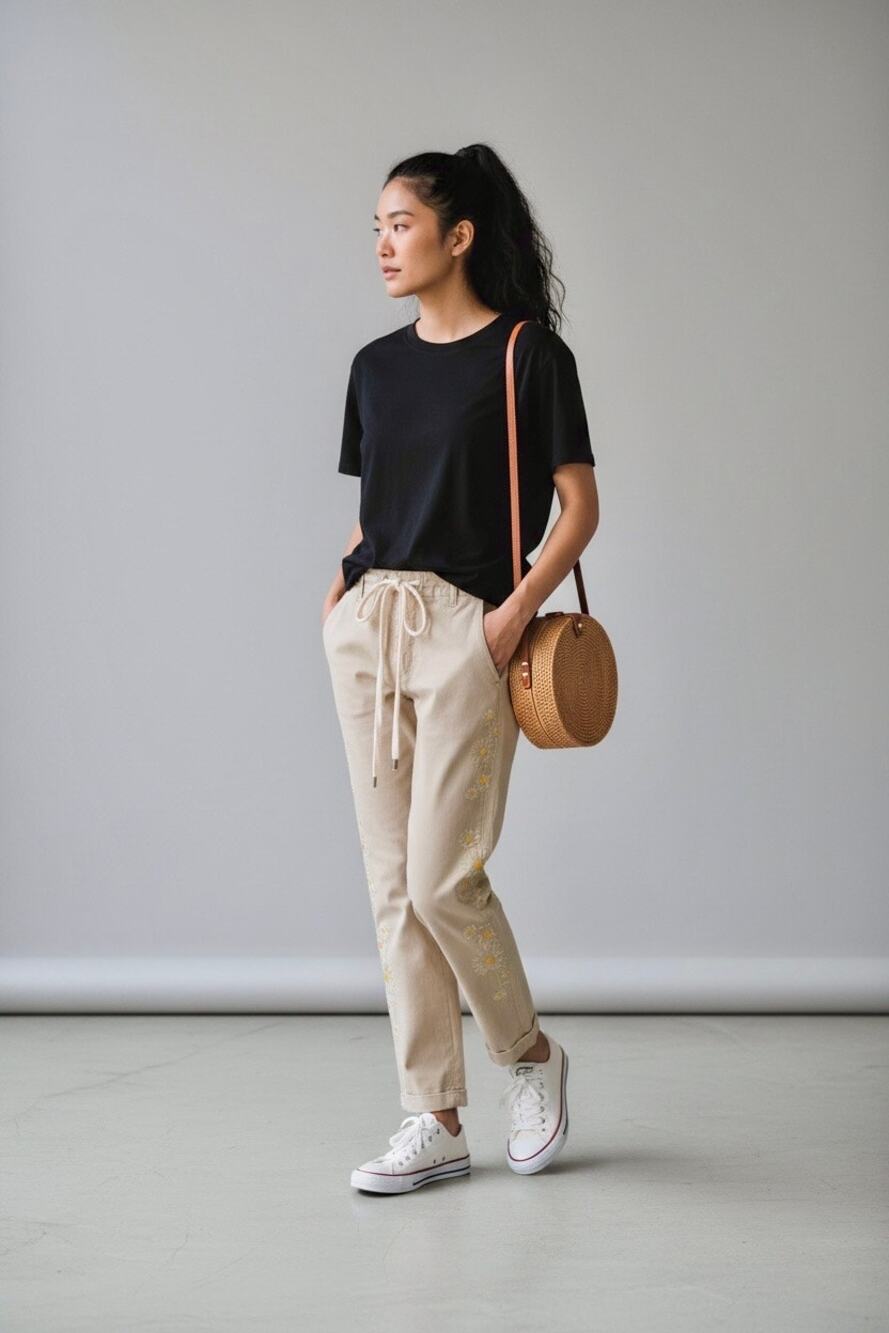 Driftwood Embroidered Floral Straight Leg Pant High Rise Tan Size M NWT